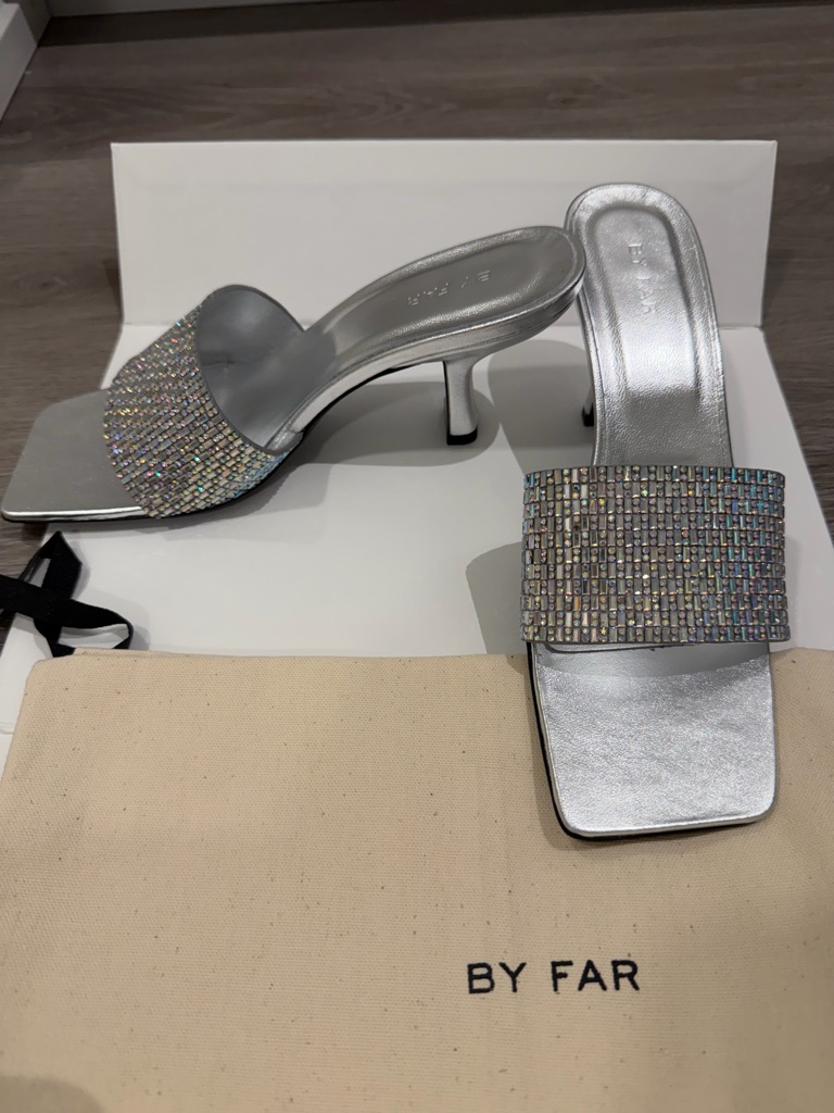 By Far Silver Crystal-Embellished Slide Mules